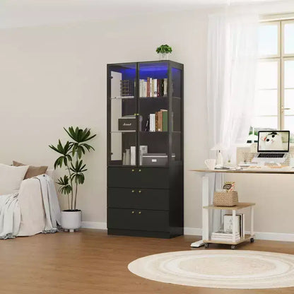 Meuble d'exposition moderne en verre Famapy avec lumières LED, 3 tiroirs et étagères en verre trempé, bibliothèque, vitrine pour présenter livres/décorations avec style