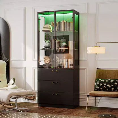 Meuble d'exposition moderne en verre Famapy avec lumières LED, 3 tiroirs et étagères en verre trempé, bibliothèque, vitrine pour présenter livres/décorations avec style