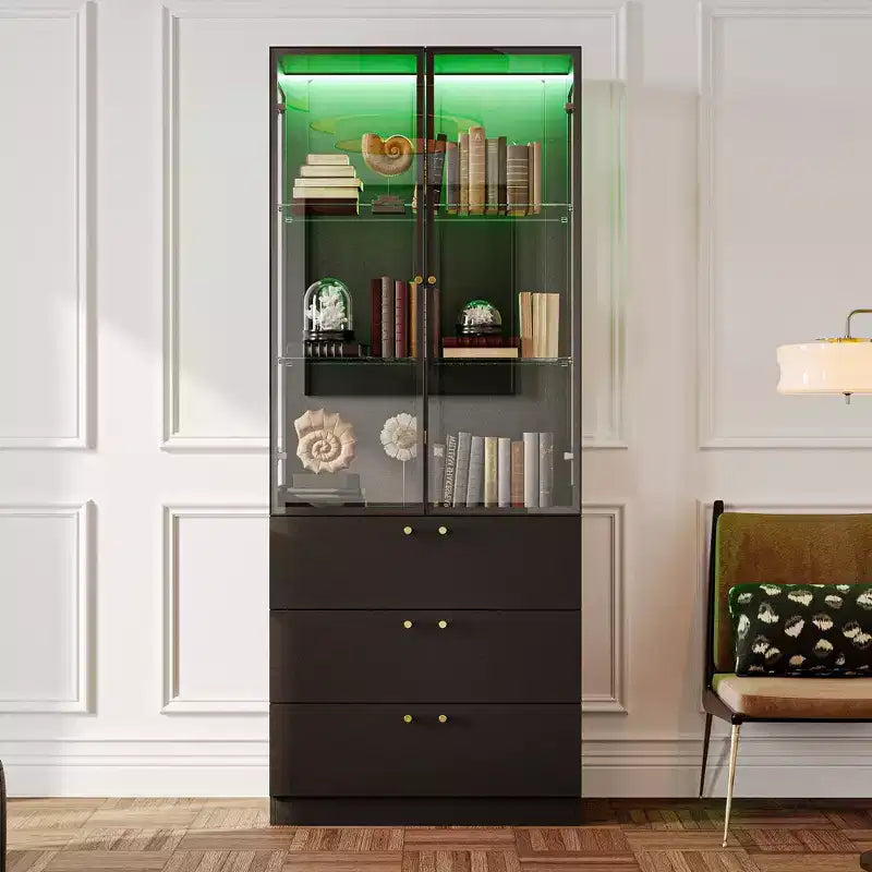 Meuble d'exposition moderne en verre Famapy avec lumières LED, 3 tiroirs et étagères en verre trempé, bibliothèque, vitrine pour présenter livres/décorations avec style