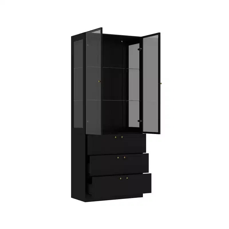 Meuble d'exposition moderne en verre Famapy avec lumières LED, 3 tiroirs et étagères en verre trempé, bibliothèque, vitrine pour présenter livres/décorations avec style