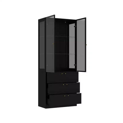 Meuble d'exposition moderne en verre Famapy avec lumières LED, 3 tiroirs et étagères en verre trempé, bibliothèque, vitrine pour présenter livres/décorations avec style