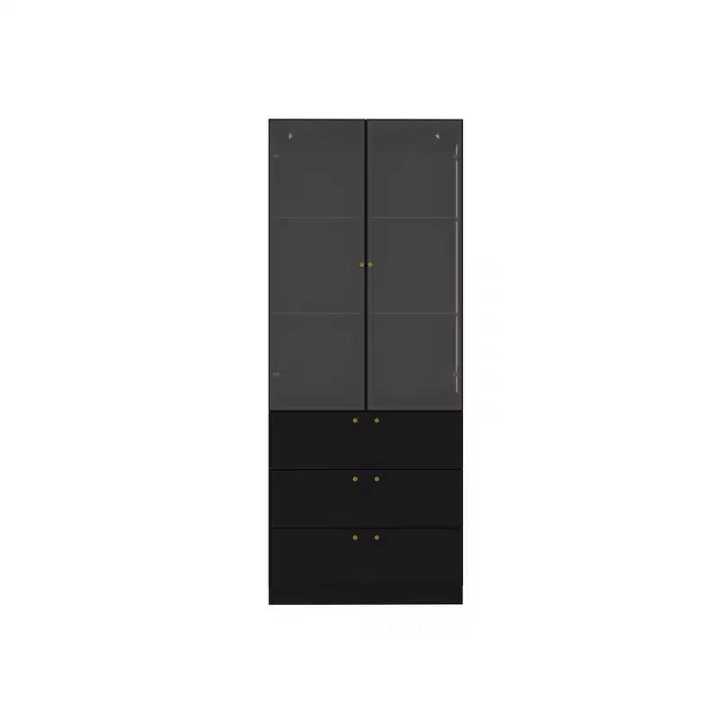 Meuble d'exposition moderne en verre Famapy avec lumières LED, 3 tiroirs et étagères en verre trempé, bibliothèque, vitrine pour présenter livres/décorations avec style