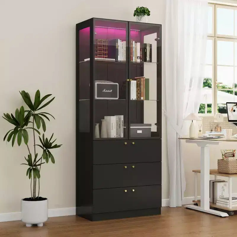 Meuble d'exposition moderne en verre Famapy avec lumières LED, 3 tiroirs et étagères en verre trempé, bibliothèque, vitrine pour présenter livres/décorations avec style