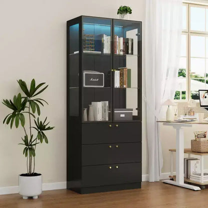Meuble d'exposition moderne en verre Famapy avec lumières LED, 3 tiroirs et étagères en verre trempé, bibliothèque, vitrine pour présenter livres/décorations avec style