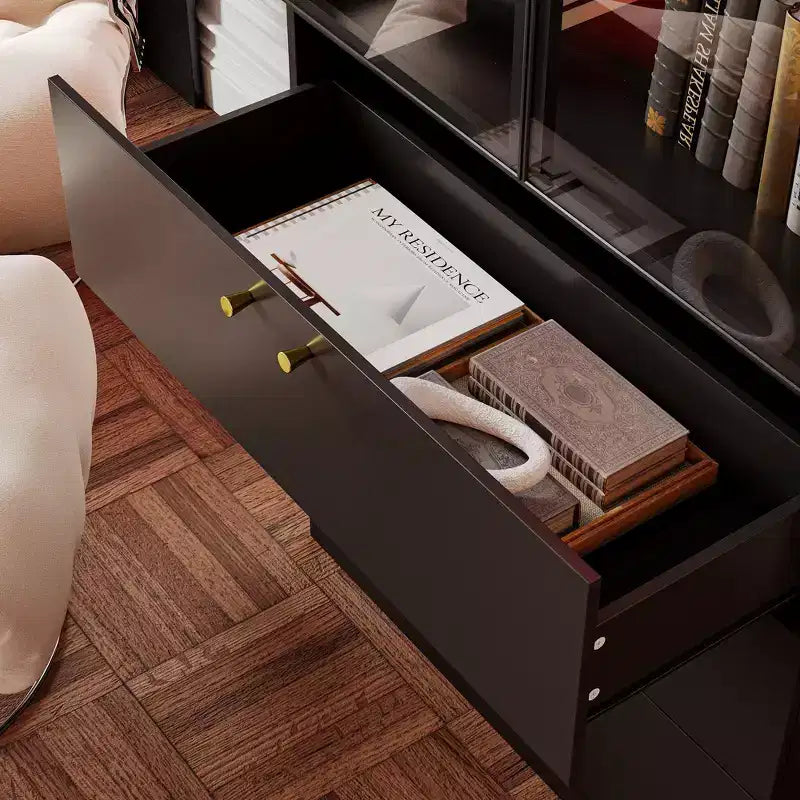 Meuble d'exposition moderne en verre Famapy avec lumières LED, 3 tiroirs et étagères en verre trempé, bibliothèque, vitrine pour présenter livres/décorations avec style