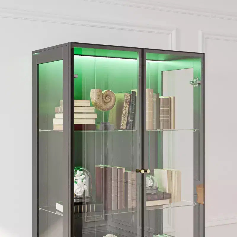 Meuble d'exposition moderne en verre Famapy avec lumières LED, 3 tiroirs et étagères en verre trempé, bibliothèque, vitrine pour présenter livres/décorations avec style