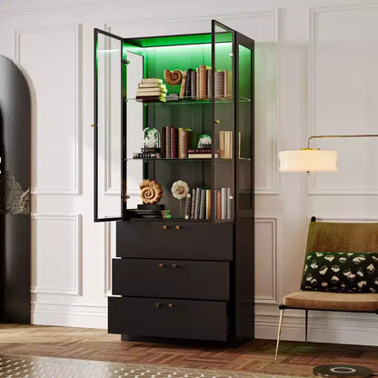 Meuble d'exposition moderne en verre Famapy avec lumières LED, 3 tiroirs et étagères en verre trempé, bibliothèque, vitrine pour présenter livres/décorations avec style