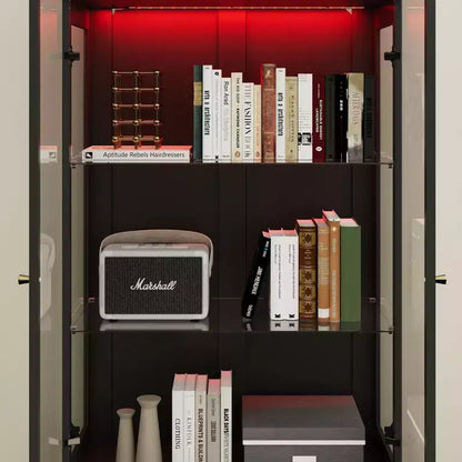 Meuble d'exposition moderne en verre Famapy avec lumières LED, 3 tiroirs et étagères en verre trempé, bibliothèque, vitrine pour présenter livres/décorations avec style