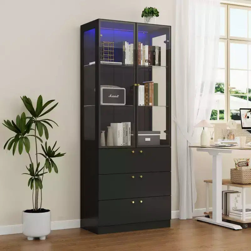 Meuble d'exposition moderne en verre Famapy avec lumières LED, 3 tiroirs et étagères en verre trempé, bibliothèque, vitrine pour présenter livres/décorations avec style