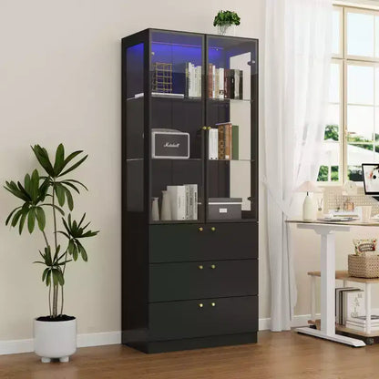 Meuble d'exposition moderne en verre Famapy avec lumières LED, 3 tiroirs et étagères en verre trempé, bibliothèque, vitrine pour présenter livres/décorations avec style