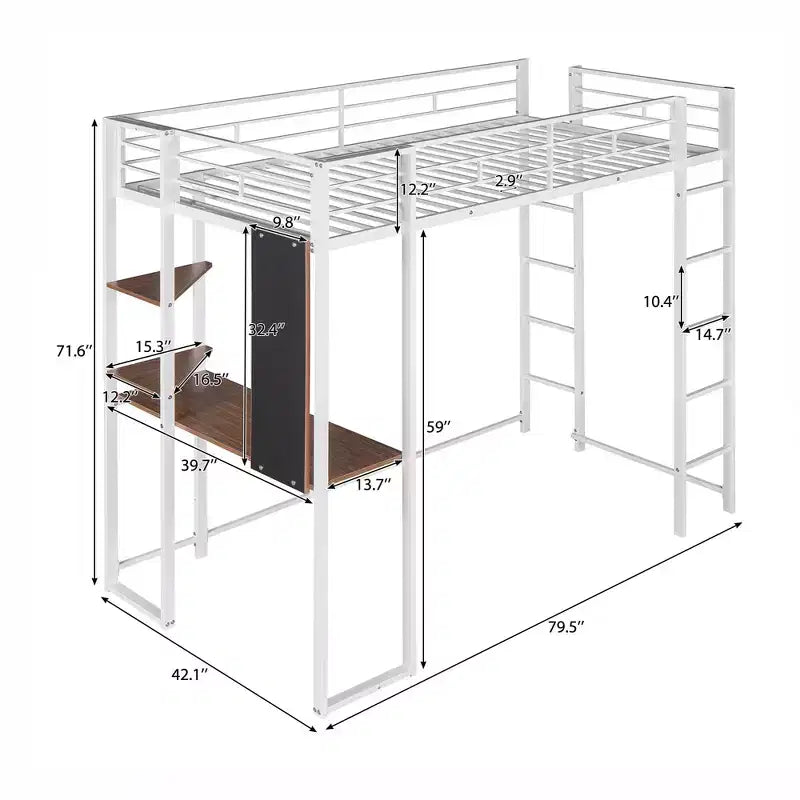 Okak Lit mezzanine en métal avec bureau, taille double, 79,5 pouces, avec 2 étagères et 2 échelles, cadres de lit pour chambre à coucher, dortoir