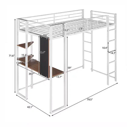 Okak Lit mezzanine en métal avec bureau, taille double, 79,5 pouces, avec 2 étagères et 2 échelles, cadres de lit pour chambre à coucher, dortoir