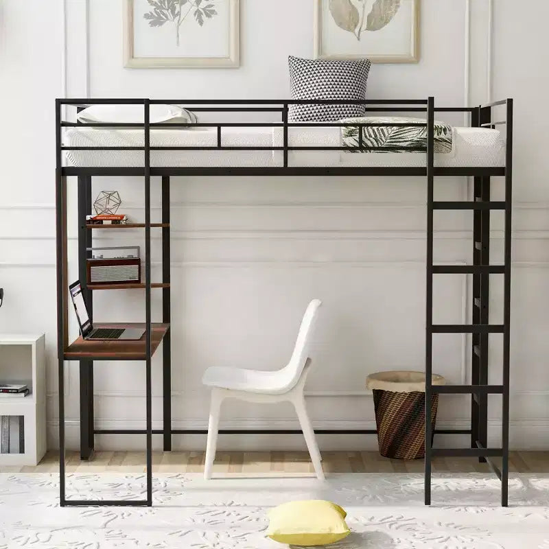 Okak Lit mezzanine en métal avec bureau, taille double, 79,5 pouces, avec 2 étagères et 2 échelles, cadres de lit pour chambre à coucher, dortoir