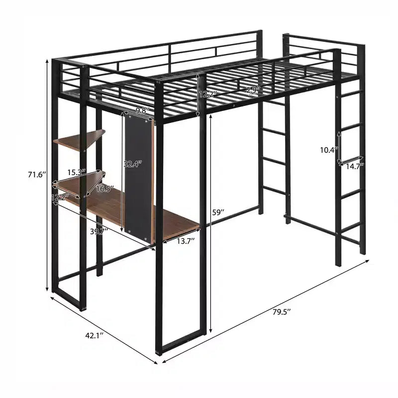 Okak Lit mezzanine en métal avec bureau, taille double, 79,5 pouces, avec 2 étagères et 2 échelles, cadres de lit pour chambre à coucher, dortoir