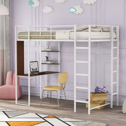 Okak Lit mezzanine en métal avec bureau, taille double, 79,5 pouces, avec 2 étagères et 2 échelles, cadres de lit pour chambre à coucher, dortoir