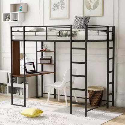 Okak Lit mezzanine en métal avec bureau, taille double, 79,5 pouces, avec 2 étagères et 2 échelles, cadres de lit pour chambre à coucher, dortoir
