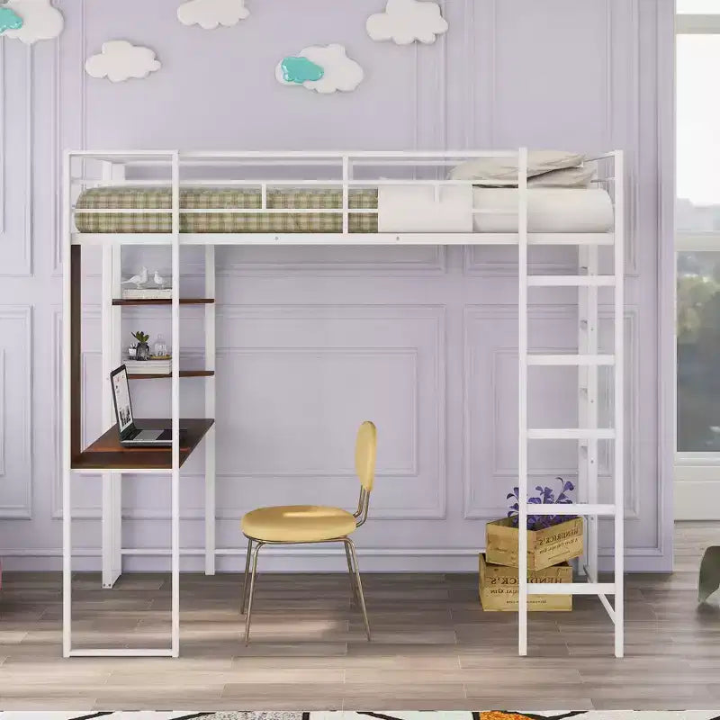 Okak 79.5IN Twin Size Metal Loft Bed with Desk, Twin Bed with 2 Shelves and 2 Ladders, Bed Frames for Bedroom, Dormitory