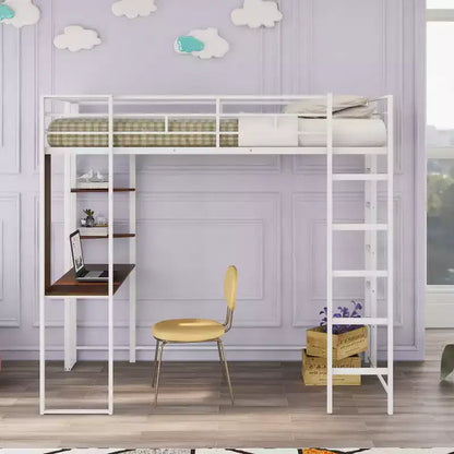 Okak 79.5IN Twin Size Metal Loft Bed with Desk, Twin Bed with 2 Shelves and 2 Ladders, Bed Frames for Bedroom, Dormitory