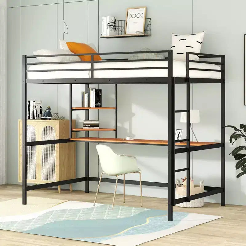 Okak Full/Twin Size Metal Loft Bed with Safety Guardrails, Loft Bed With Desk and 2 Shelves, Bed Frames for Living Room, Bedroom