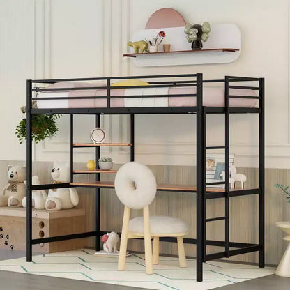 Lit mezzanine en métal Okak, taille complète/double avec rampes de sécurité, lit mezzanine avec bureau et 2 étagères, cadres de lit pour salon, chambre à coucher