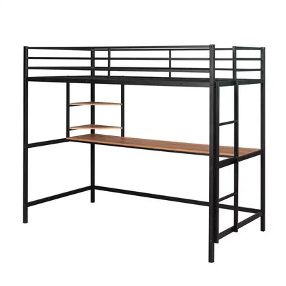 Lit mezzanine en métal Okak, taille complète/double avec rampes de sécurité, lit mezzanine avec bureau et 2 étagères, cadres de lit pour salon, chambre à coucher