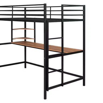 Lit mezzanine en métal Okak, taille complète/double avec rampes de sécurité, lit mezzanine avec bureau et 2 étagères, cadres de lit pour salon, chambre à coucher
