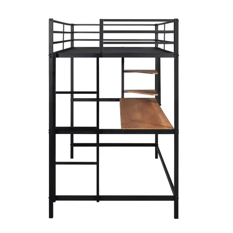 Lit mezzanine en métal Okak, taille complète/double avec rampes de sécurité, lit mezzanine avec bureau et 2 étagères, cadres de lit pour salon, chambre à coucher