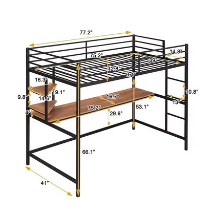 Lit mezzanine en métal Okak, taille complète/double avec rampes de sécurité, lit mezzanine avec bureau et 2 étagères, cadres de lit pour salon, chambre à coucher