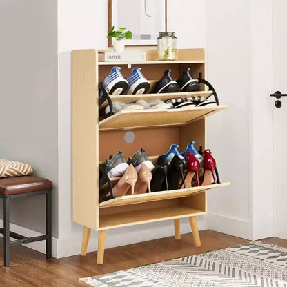 Meuble à chaussures-Rangement de chaussures dissimulé avec tiroir basculant en rotin et conception anti-basculement, Meuble à chaussures pour entrée, couloir, Organisateur de rangement de 18 à 20 paires