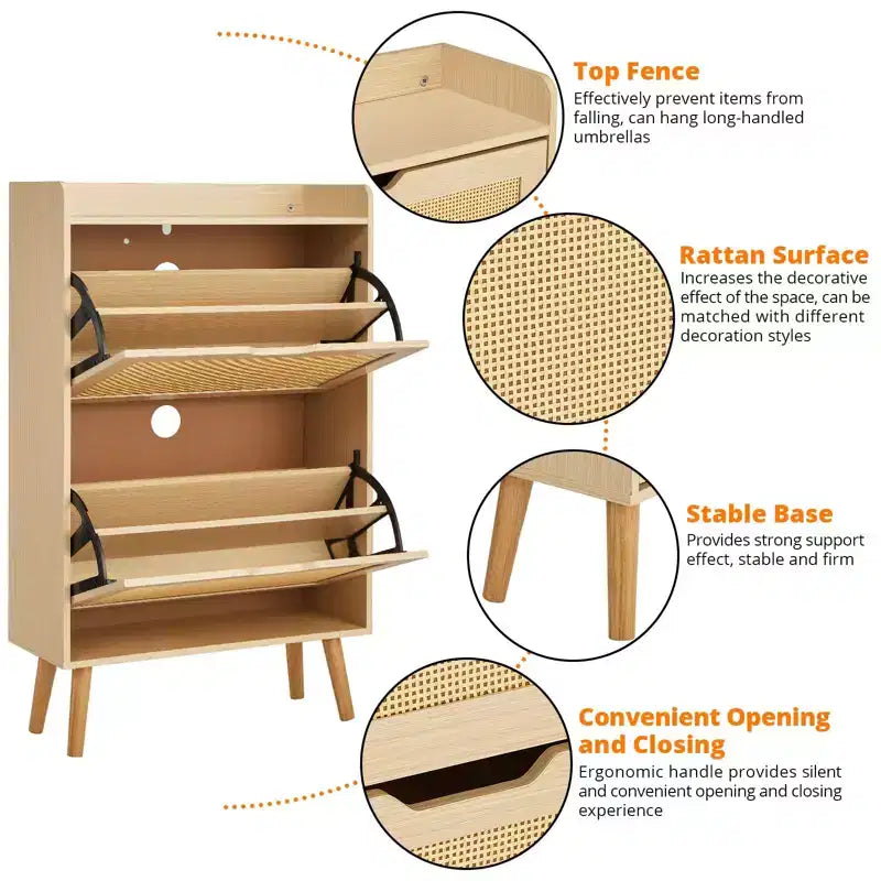 Meuble à chaussures-Rangement de chaussures dissimulé avec tiroir basculant en rotin et conception anti-basculement, Meuble à chaussures pour entrée, couloir, Organisateur de rangement de 18 à 20 paires