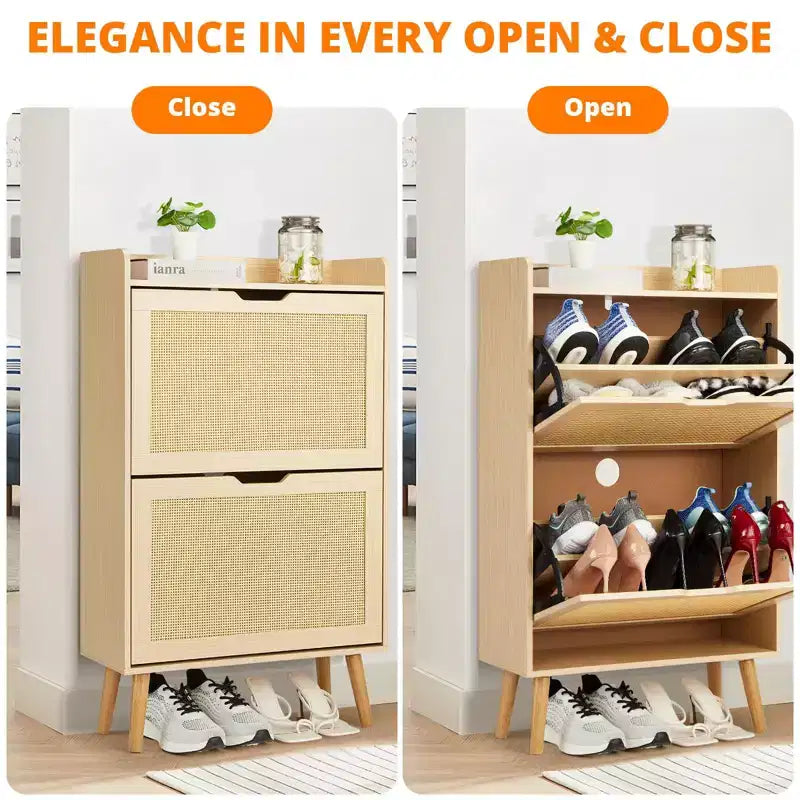 Meuble à chaussures-Rangement de chaussures dissimulé avec tiroir basculant en rotin et conception anti-basculement, Meuble à chaussures pour entrée, couloir, Organisateur de rangement de 18 à 20 paires