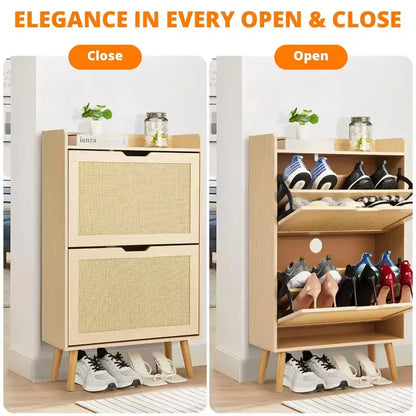 Meuble à chaussures-Rangement de chaussures dissimulé avec tiroir basculant en rotin et conception anti-basculement, Meuble à chaussures pour entrée, couloir, Organisateur de rangement de 18 à 20 paires