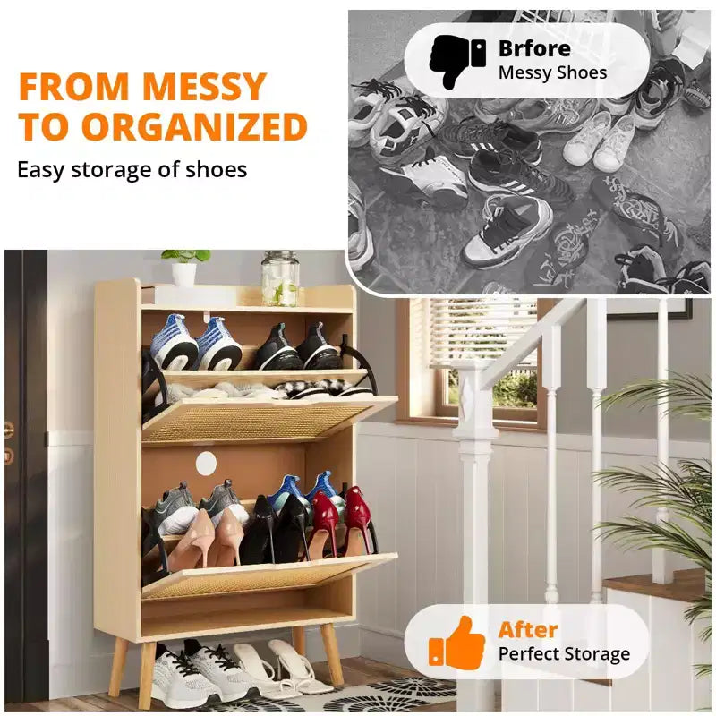 Meuble à chaussures-Rangement de chaussures dissimulé avec tiroir basculant en rotin et conception anti-basculement, Meuble à chaussures pour entrée, couloir, Organisateur de rangement de 18 à 20 paires