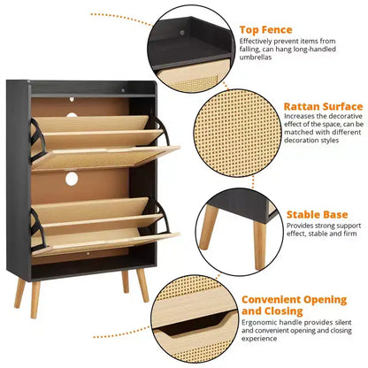 Meuble à chaussures-Rangement de chaussures dissimulé avec tiroir basculant en rotin et conception anti-basculement, Meuble à chaussures pour entrée, couloir, Organisateur de rangement de 18 à 20 paires