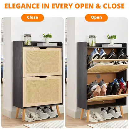 Meuble à chaussures-Rangement de chaussures dissimulé avec tiroir basculant en rotin et conception anti-basculement, Meuble à chaussures pour entrée, couloir, Organisateur de rangement de 18 à 20 paires