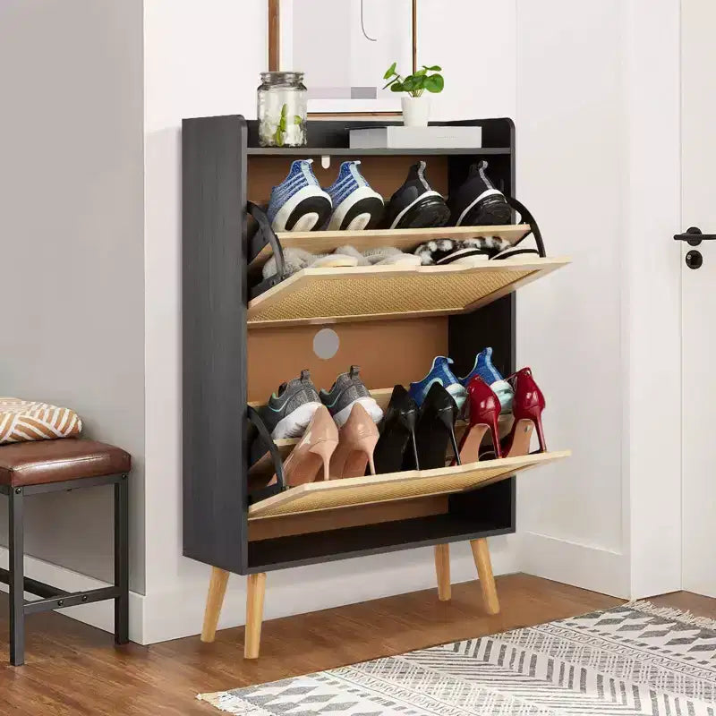 Meuble à chaussures-Rangement de chaussures dissimulé avec tiroir basculant en rotin et conception anti-basculement, Meuble à chaussures pour entrée, couloir, Organisateur de rangement de 18 à 20 paires