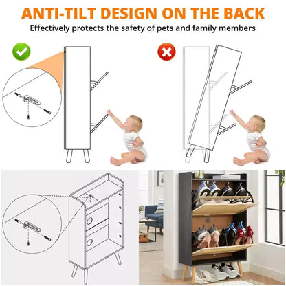 Meuble à chaussures-Rangement de chaussures dissimulé avec tiroir basculant en rotin et conception anti-basculement, Meuble à chaussures pour entrée, couloir, Organisateur de rangement de 18 à 20 paires