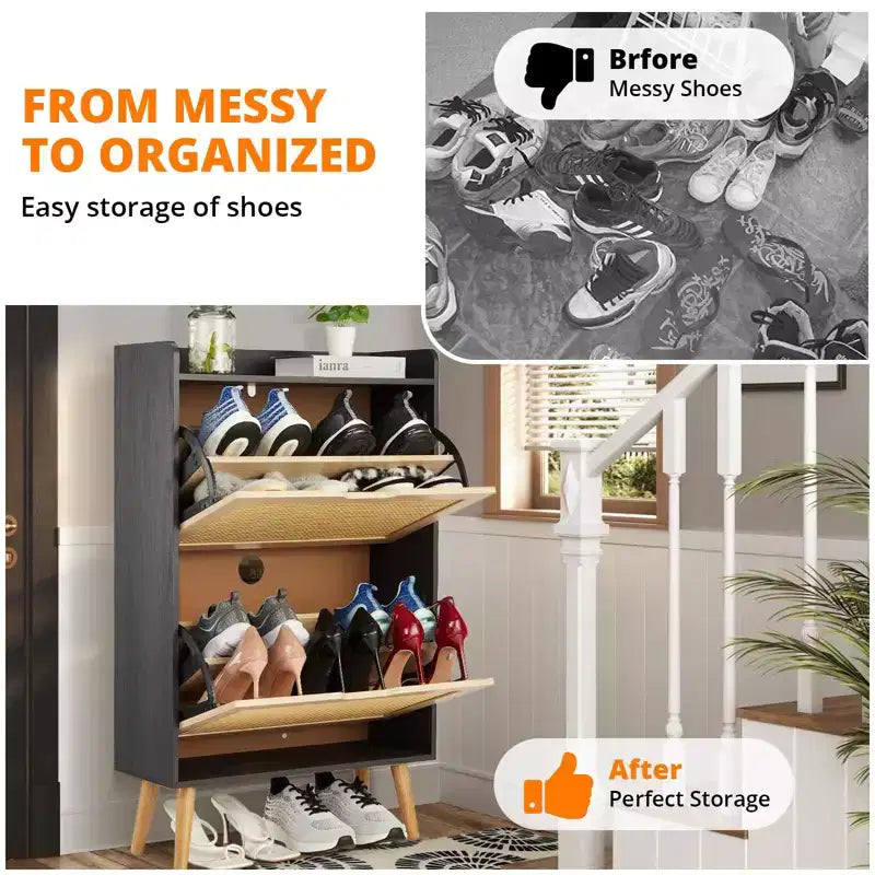 Meuble à chaussures-Rangement de chaussures dissimulé avec tiroir basculant en rotin et conception anti-basculement, Meuble à chaussures pour entrée, couloir, Organisateur de rangement de 18 à 20 paires