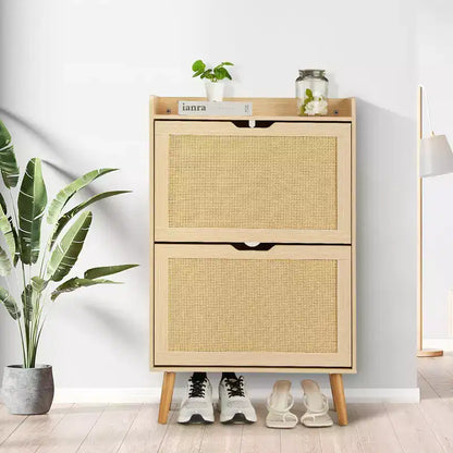 Meuble à chaussures-Rangement de chaussures dissimulé avec tiroir basculant en rotin et conception anti-basculement, Meuble à chaussures pour entrée, couloir, Organisateur de rangement de 18 à 20 paires