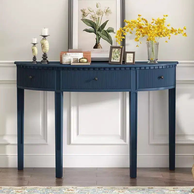 Okak 51.1IN Vintage Console Table with Pine Veneer, Entryway Table with 3 Drawers and Four Legs, Hallway Table for Living Room, Foyer, Blue
