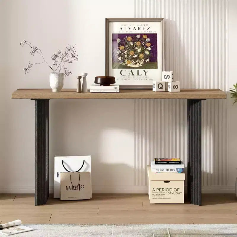 Okak 59.2IN Modern Console Table with Wood Veneer, Entryway Table with Round Hollow Legs, Accent Table for Hallway, Living Room, Natural