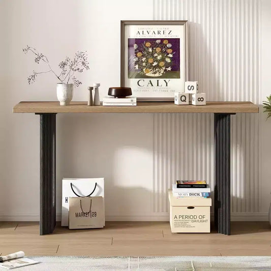 Okak 59.2IN Modern Console Table with Wood Veneer, Entryway Table with Round Hollow Legs, Accent Table for Hallway, Living Room, Natural