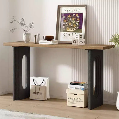 Okak 59.2IN Console moderne en bois avec placage, table d'entrée avec pieds ronds creux, table d'appoint pour couloir, salon, naturel