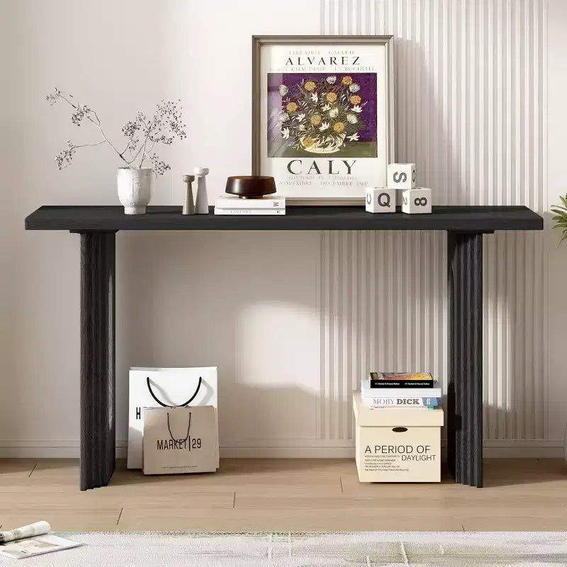 Okak 59.2IN Modern Console Table with Wood Veneer, Entryway Table with Round Hollow Legs, Accent Table for Hallway, Living Room, Black