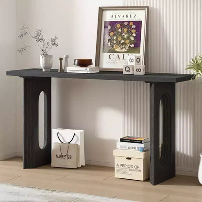 Okak Table console moderne de 150 cm avec placage en bois, table d'entrée avec pieds creux ronds, table d'appoint pour couloir, salon, noire