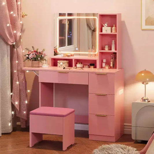 Vanity Desk With Mirror and Lights, Dressing Table With 3 Color Modes LED Lighted, Storage Stool for Bedroom, for Girls and Women,Pink