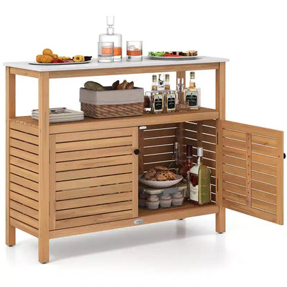 Armoire de rangement d'extérieur Costway en bois avec comptoir aspect marbre, étagère ouverte et 2 portes