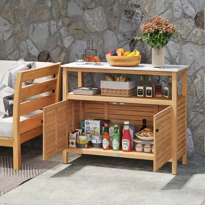 Armoire de rangement d'extérieur Costway en bois avec comptoir aspect marbre, étagère ouverte et 2 portes