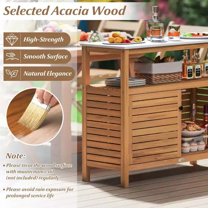 Armoire de rangement d'extérieur Costway en bois avec comptoir aspect marbre, étagère ouverte et 2 portes