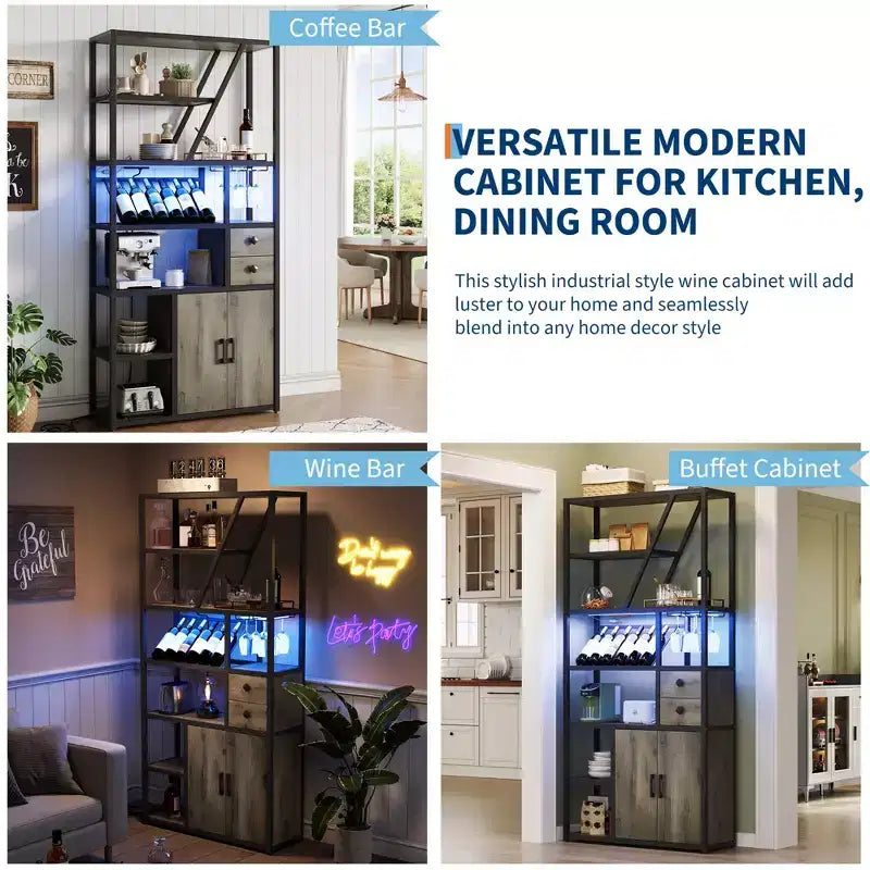 Étagère de boulanger, support de micro-ondes avec rangement, buffet de café de ferme avec casier à vin